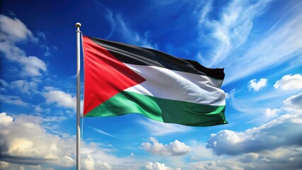 A majestic Palestinian flag waving in the wind against a blue sky with a few white clouds, arab flag, blue and black colors