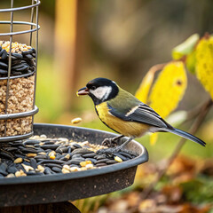 the great tit feeds on sunflower seeds