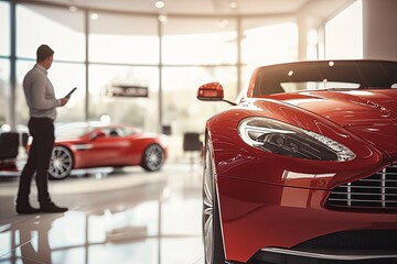 A sleek, red automobile stands prominently in a car rental showroom. An adult individually inspects the vehicle while considering various rental options and pricing, enve