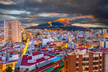 Alicante, Spain: Sunset view of Alicante town with Santa Barbara Castle on Mount Benacantil, Europe