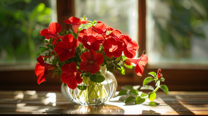 A stunning bouquet of red petunias in a clear vase on an oak table, illuminated by sunlight streaming through a window, creating beautiful shadows and highlights.