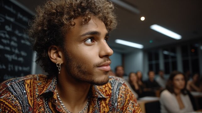 Young man presenting at classroom whiteboard