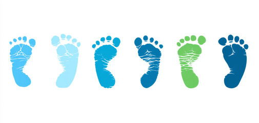 Baby footprint imprint blue green isolated white background cute newborn symbol childhood. row of colorful baby footprints evokes innocence and joy