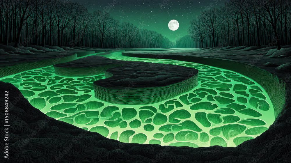 Poster surreal landscape with glowing synapse patterns in winding river under full moon, surrounded by bare