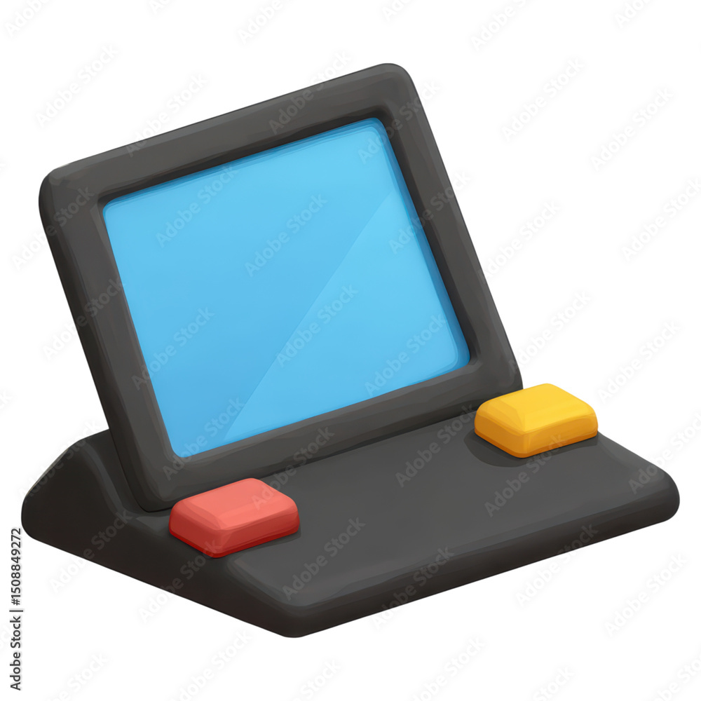 Poster retro gaming console with colorful buttons and blue screen display, isolated on transparent backgrou