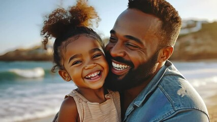 Happy African American father embraces daughter at beach with joy, family love. - Powered by Adobe