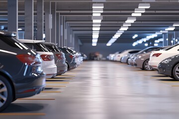 An overview of a car rental location with several cars lined up for selection. The environment feels professional yet approachable, perfect for modern clients seeking con