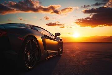 A unique offer displayed online for exotic car rentals, attracting clients with a range of luxury vehicles against a backdrop of a sunset illuminating the scene.