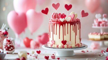 Delicious Valentine's Day Cake with Red Dripping Glaze and Heart Decorations