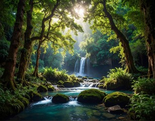 Obraz premium Beautiful cascading waterfall in a green forest with natural rocks and flowing water