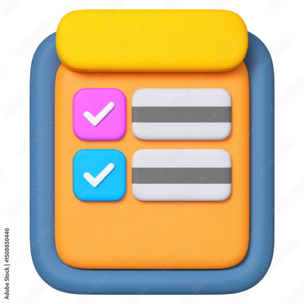 Poster colorful checklist icon with checkmarks and card elements for digital use, isolated on transparent b