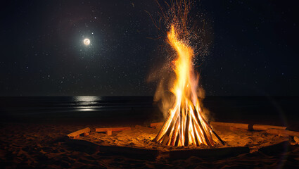Mesmerizing nighttime beach bonfire. Bright flames casting a warm glow on the sandy shore near the sea underneath a starry night sky with full moon, creating a tranquil summertime atmosphere