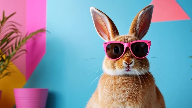 Rabbit wearing sunglasses in colorful geometric setting animal portrait