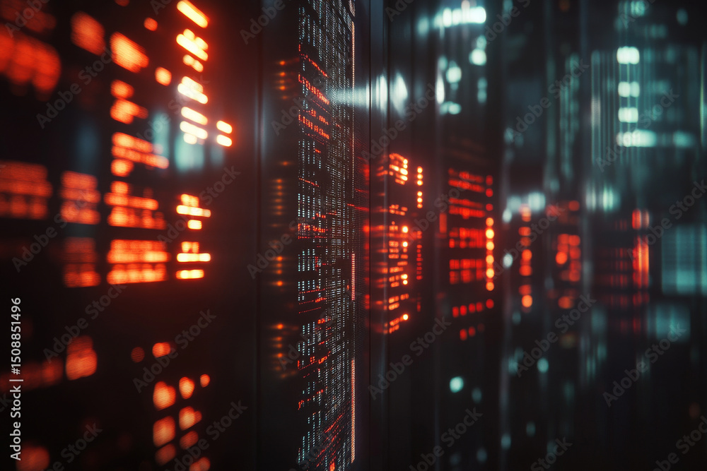Poster futuristic server room with glowing red and blue data streams, digital code, and high tech atmospher