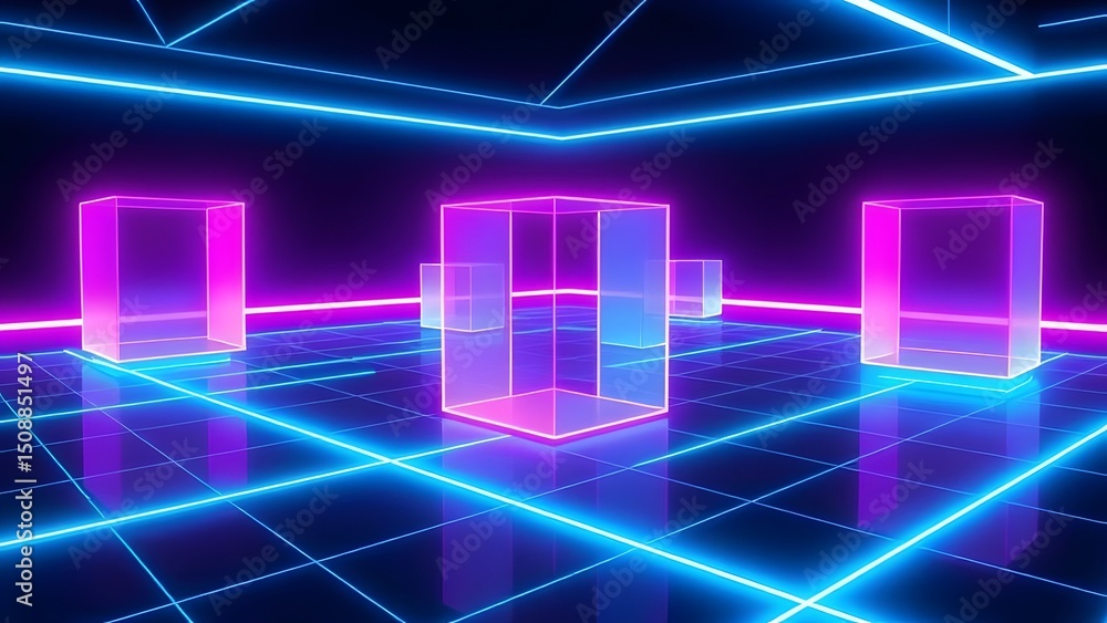 Poster abstract technology background | abstract neon room with glowing cubes and grid lines creating a fut