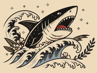 Great White Shark Vector Leaping from Ocean