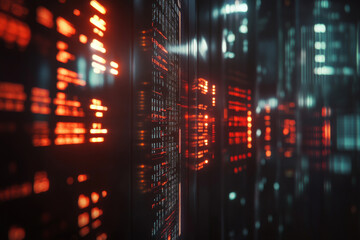 Futuristic server room with glowing red and blue data streams, digital code, and high tech atmosphere, representing advanced technology and financial data flow