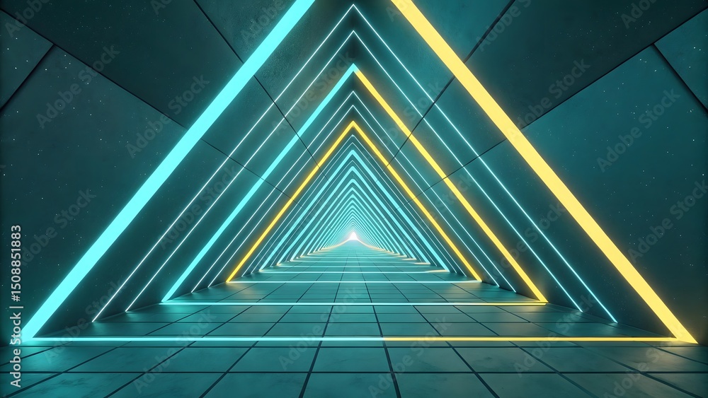 Poster a perspective view of a triangular tunnel with blue and yellow neon lights and tiled floor and walls