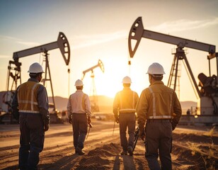 Workers in hard hats walk away from oil pumps at sunset