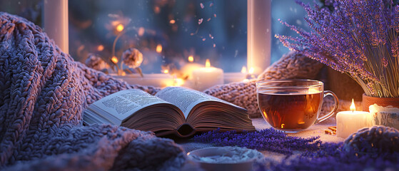 Cozy composition with a steaming herbal tea cup, open book, lavender blooms,blanket, and glowing candles. Relaxation, wellness, spa themes.