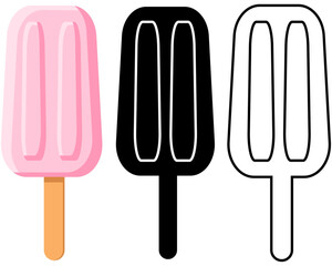 Ice lolly or popsicle in colour, silhouette and outline versions