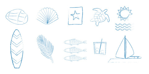 Summer set brush. Sun, sailboat, wavy, seashell, turtle, drink, surfboard, leaf, sardines, frame for travel hand drawn web design/ Vector illustration 