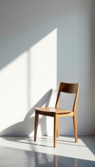 Fototapeta premium Solitary chair, elongated shadow on stark white wall Light and shadow interplay , perspective, abstract, simple