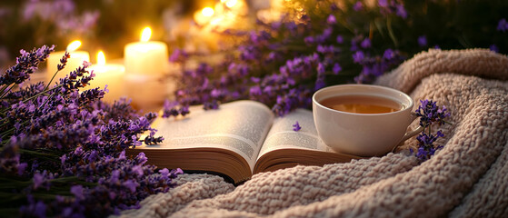 Cup of herbal tea, lavender flowers, and a cozy blanket beside a book and candles. Calm still life in purple colors. Evening relax leisure, slow living and mindful self-care.