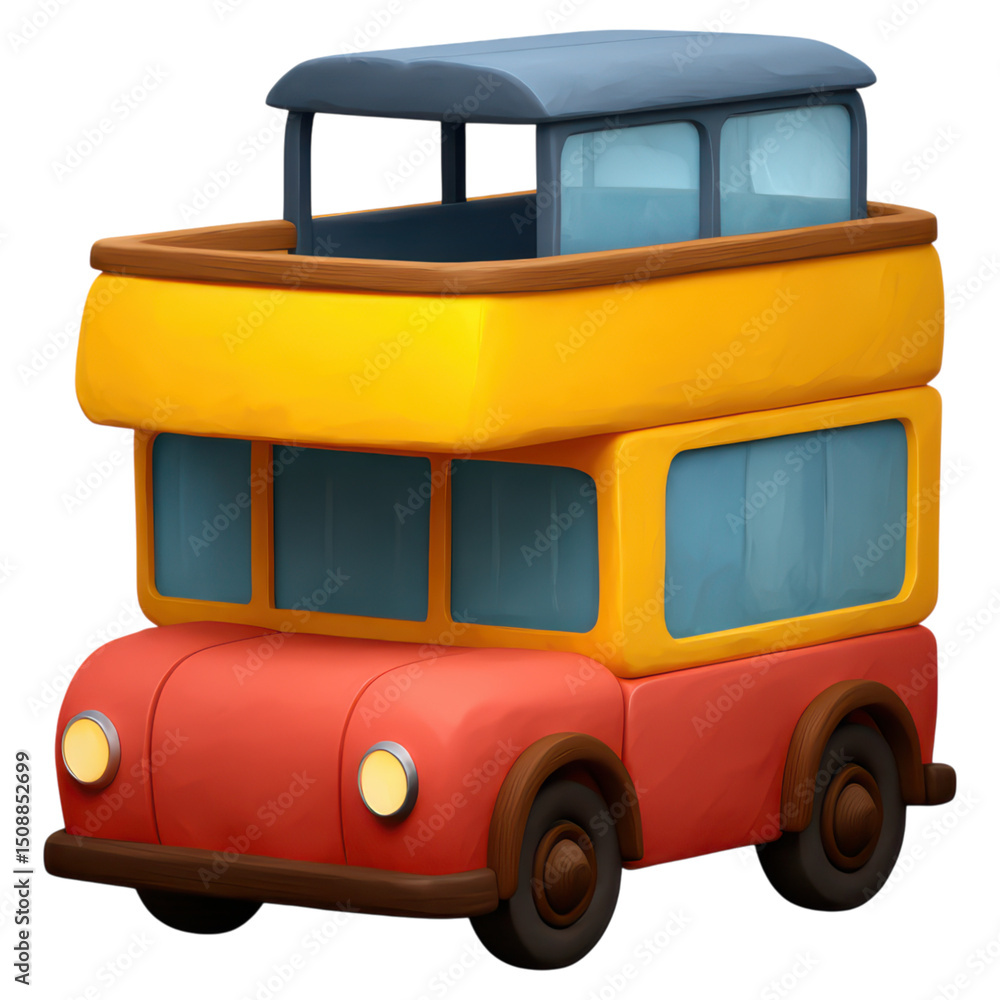 Poster colorful toy bus with two levels for children play and imagination, isolated on transparent backgrou