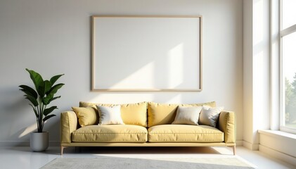 Large empty frame above minimalist sofa, bright room , interior design, nordic