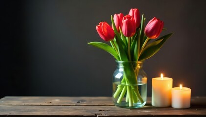 Tulips in simple glass vase, soft candlelight on rustic surface, bouquet, nature, home