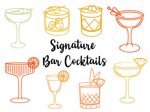 Hand drawn signature bar cocktail illustrations. Vector line art of summer refreshing alcoholic beverages. Doodle style cocktail glasses for bar, menu, and party design.