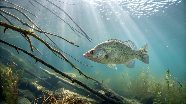 White Crappie Swimming in Clear Freshwater with Submerged Vegetation