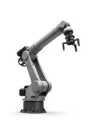 Gray industrial robot arm against white background