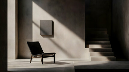 Modern Minimalist Interior Design With Dark Gray Concrete Wall And Wooden Chair