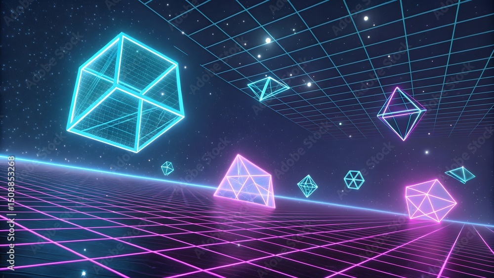 Poster geometric shapes floating in a neon grid landscape with stars in the background creating a retro vib