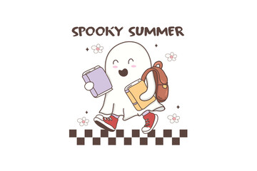 Cute cartoon ghost with books and backpack for spooky summer and Halloween designs