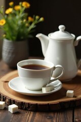 White & black mugs, teapot, sugar cubes on wood Cozy beverage scene , porcelain, comfort