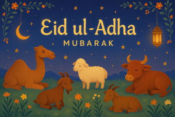 Fototapeta premium Eid ul Adha 2025 Greeting Cards with Sheep, Lanterns, and Islamic Motifs