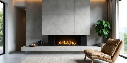 Sleek modern fireplace, textured concrete walls, minimalist living room , interior, contemporary, fire place