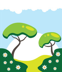 Simple Summer Landscape with Trees and Blooming Bushes. Nature and places outdoor concept vector art