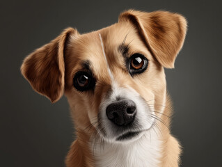 Dog face digital painting brown fur white markings expressive eyes close up realistic style animal portrait isolated background friendly emotion