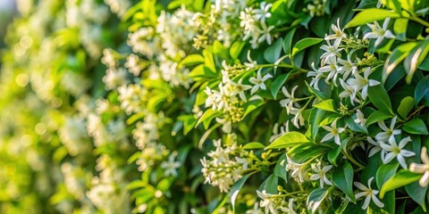 Fototapeta premium Wall of jasmine plants in full spring bloom with very green and shiny leaves on a sunny day, verdant foliage, plant foliage