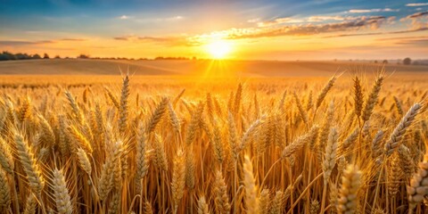 Naklejka premium A vast expanse of golden wheat sways gently in the morning breeze as sunlight casts a warm glow over the landscape at sunrise, sunrise, rural