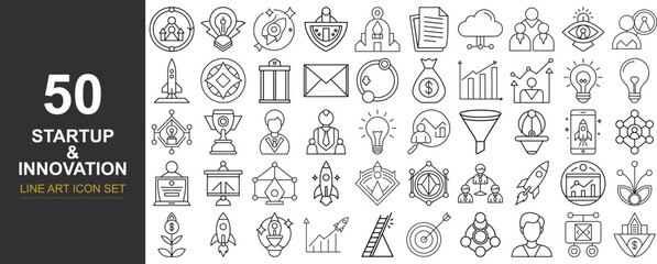 50 Clean Line Art Vector Icons for Startup and Entrepreneurial Projects Featuring Disruption, Team Collaboration, Innovation Funnels, Mobile Solutions, and Business Growth for Apps, Decks