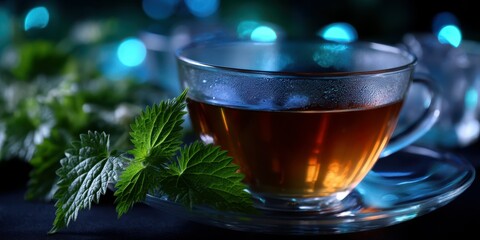 Warm herbal tea served in a clear glass cup surrounded by fresh mint leaves at night with soft blue lights