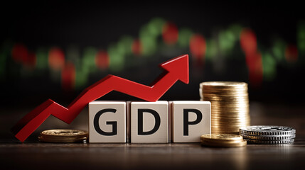 GDP Growth: A striking visual representing economic growth, featuring the acronym "GDP" prominently displayed alongside a rising arrow and a stack of coins against the backdrop of a financial chart.