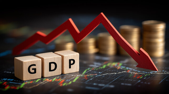 GDP Decline Visualization: Red arrow graphically represents gross domestic product decline, alongside cubes spelling GDP and diminished stacks of coins.