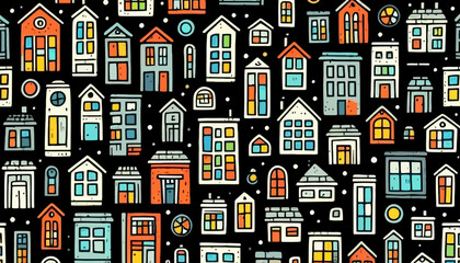 seamless vector pattern of doodle art colorful houses on black background