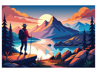 Fototapeta premium Hiker at sunset mountain lake view isolated on white background 